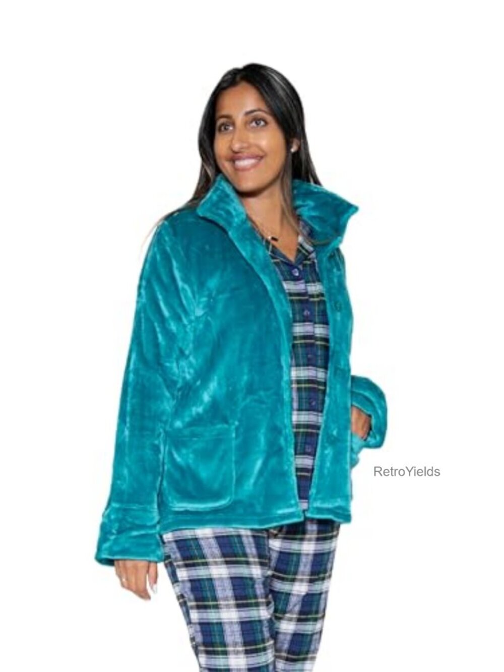 Fleece Bed Jacket Banded Collar Long Sleeves Front Pockets Button
